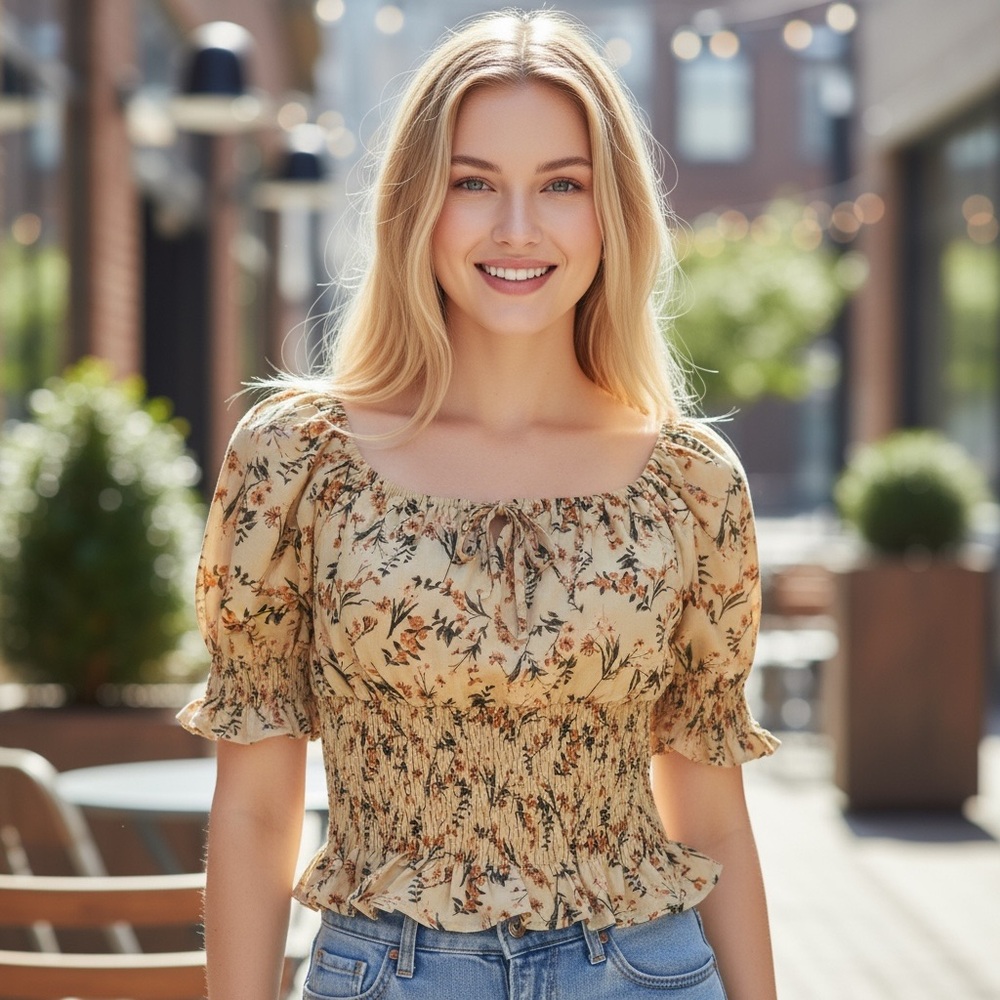 PAPERMOON Floral Beige Tan Peplum Blouse Top Sz Large LIKE NEW